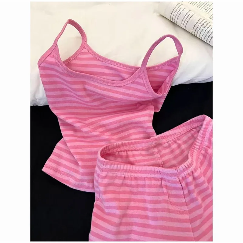 New Summer Women Pajamas Two Piece Set Dopamine Pink Striped Camisole Top And Shorts Casual Sweet And Comfortable Home Wear Set