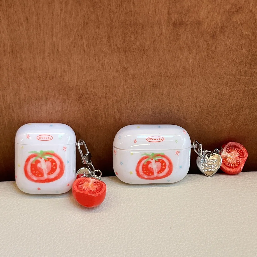 Cute Slices Tomato Pendant Keychain Soft Shockproof Protective Earphone Cover Case for AirPods 1 or 2 3 4 ANC AirPod Pro 2 Pro 3