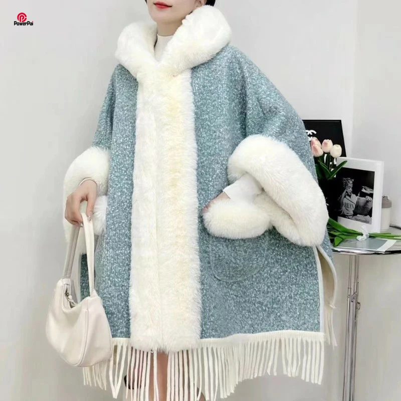 

Pretty White Faux Rex Rabbit Fur Cape Overcoat Hood Long Women Winter Imitate Lamb Wool Coat Loose Cloak Thicken Outerwear