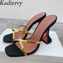 Cup Heels Slippers Women Square Peep Toe Mules Narrow Band Slides Woman Sexy High Heels Sandals Summer Slippers Woman