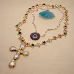 Y·YING White Pearl Cubic Zirconia Chain Necklace Charm Coin Pearl Crucifix Pendant