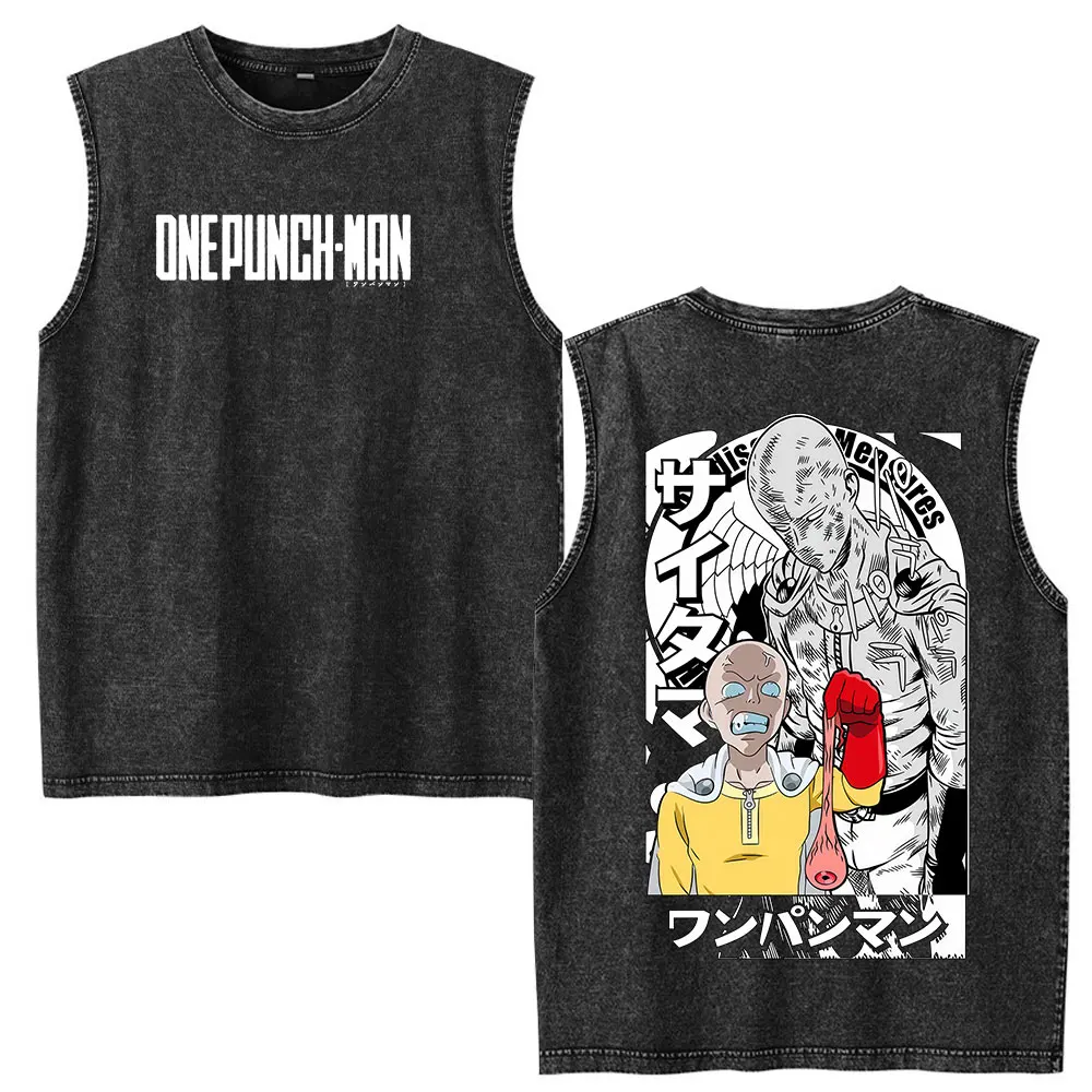 Anime One Punch Man Saitama Vintage Washed Sleeveless Tank Tops Men's Women Clothing Fashion Oversized Vest T Shirts Streetwear