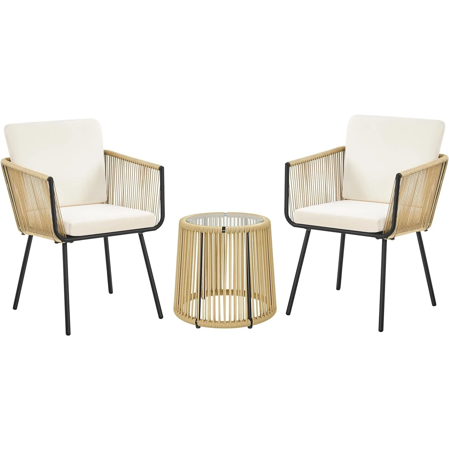 3Pcs All Weather PE Rattan Patio Bistro Set 2 Chairs Tempered Glass Table Outdoor, Customized