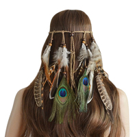 Traditional Indian Hippie Leather Wood Beads Peacock Feather Headband Hair Accessories for Women Bohemian Feather Hair Jewelry