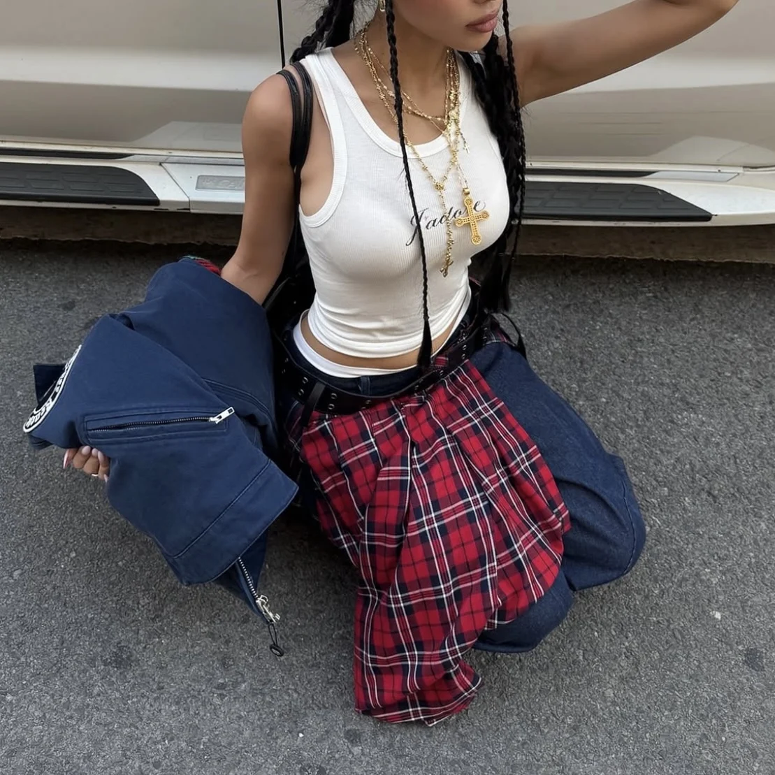 IAMUBABA Londyńska Krata Długa Spódnica Sexy Dziewczyna Pasek w Talii Łączona Spódnica z Rozcięciem Spódnica z Wysokim Stanem w Kształcie Litery A Spódnica z Falbanami Vintage Sle