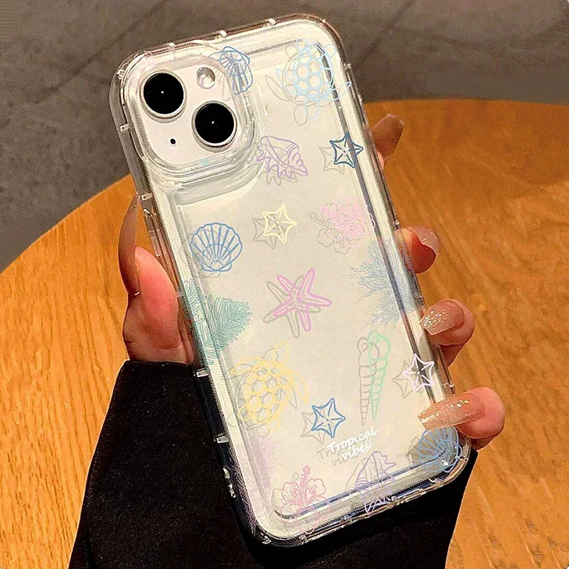 Ocean Shell Turtle Print Clear Soft Phone Case for IPhone 16 14 15 11 12 13 Pro Max 7 8 Plus SE 2022 XR X XSMAX Shockproof Cover
