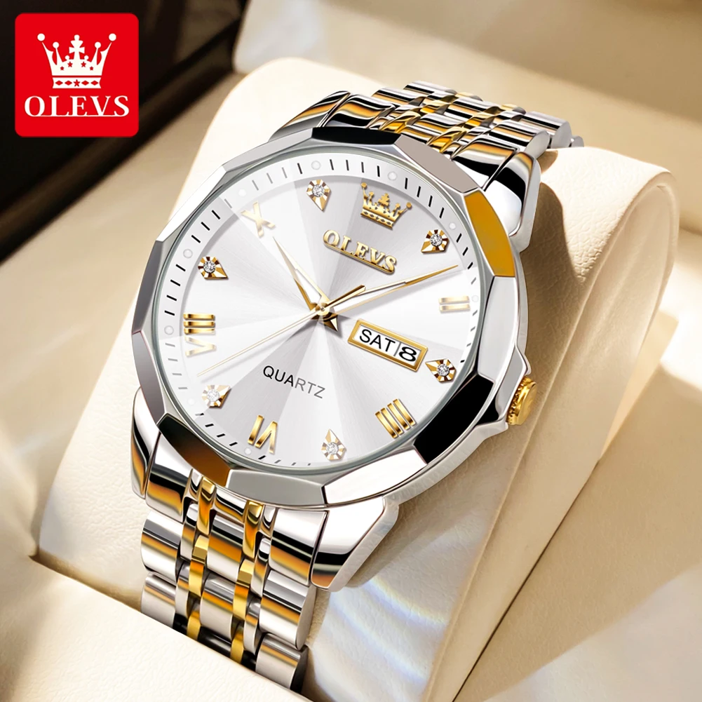 

OLEVS Luxury Watch for Men Stainless Steel Fashion Rhombus Mirror Date Week Dial Waterproof HD Luminous Men's Quartz Wristwatch