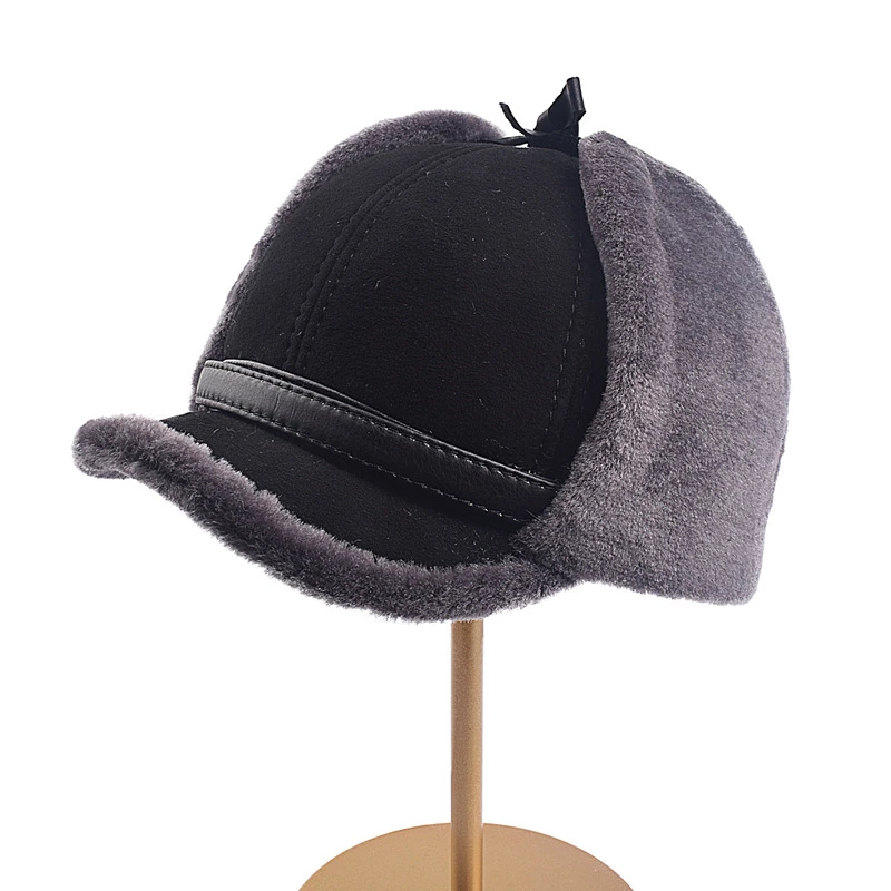 Berretto invernale Unisex con visiera in lana per uomo e donna cappelli con paraorecchie in velluto Casquette in vera pelle di pecora IL00688