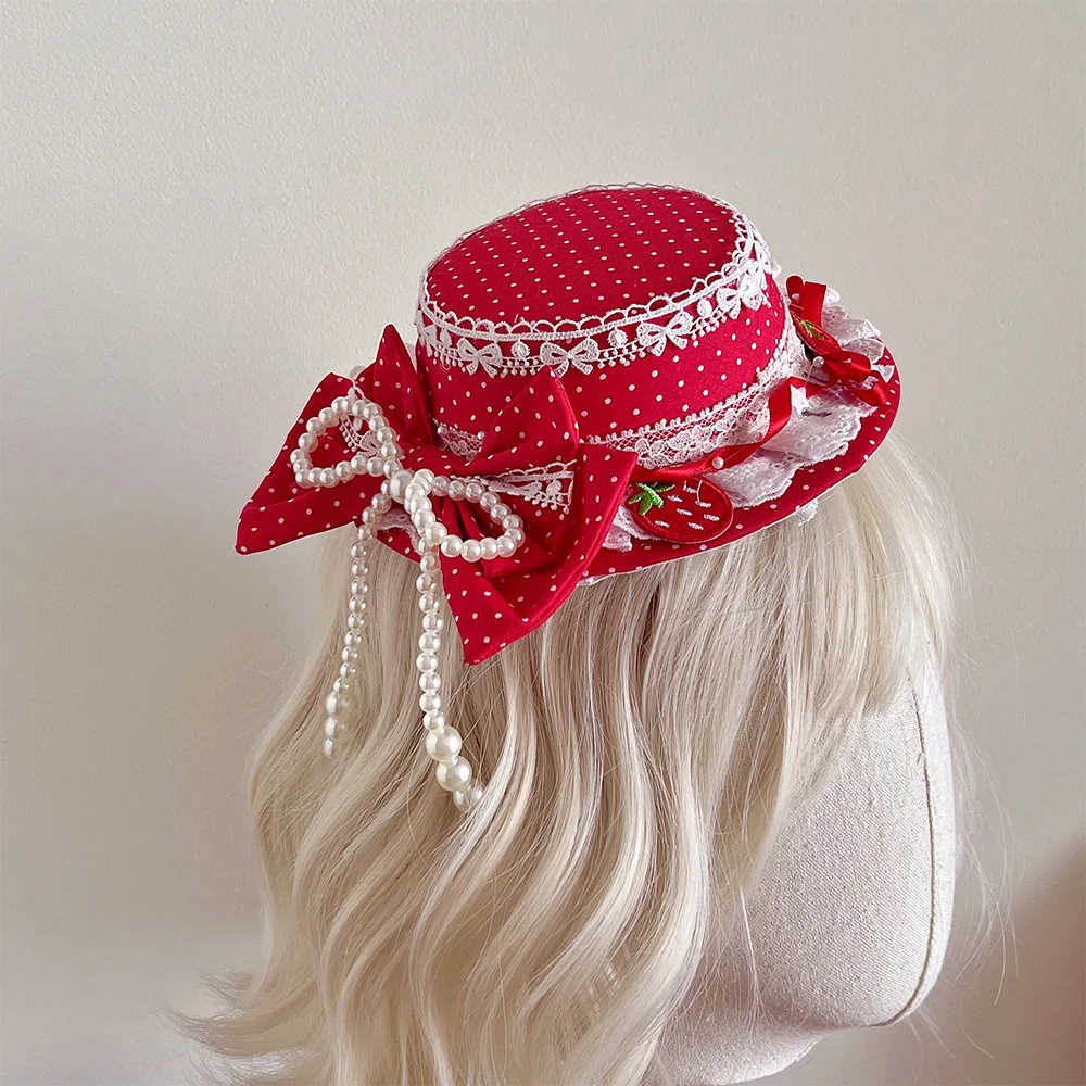 

Lolita Pearl Bow Hat Original Lolita Strawberry Red Top Hat Children's Birthday Gift Hair Accessories