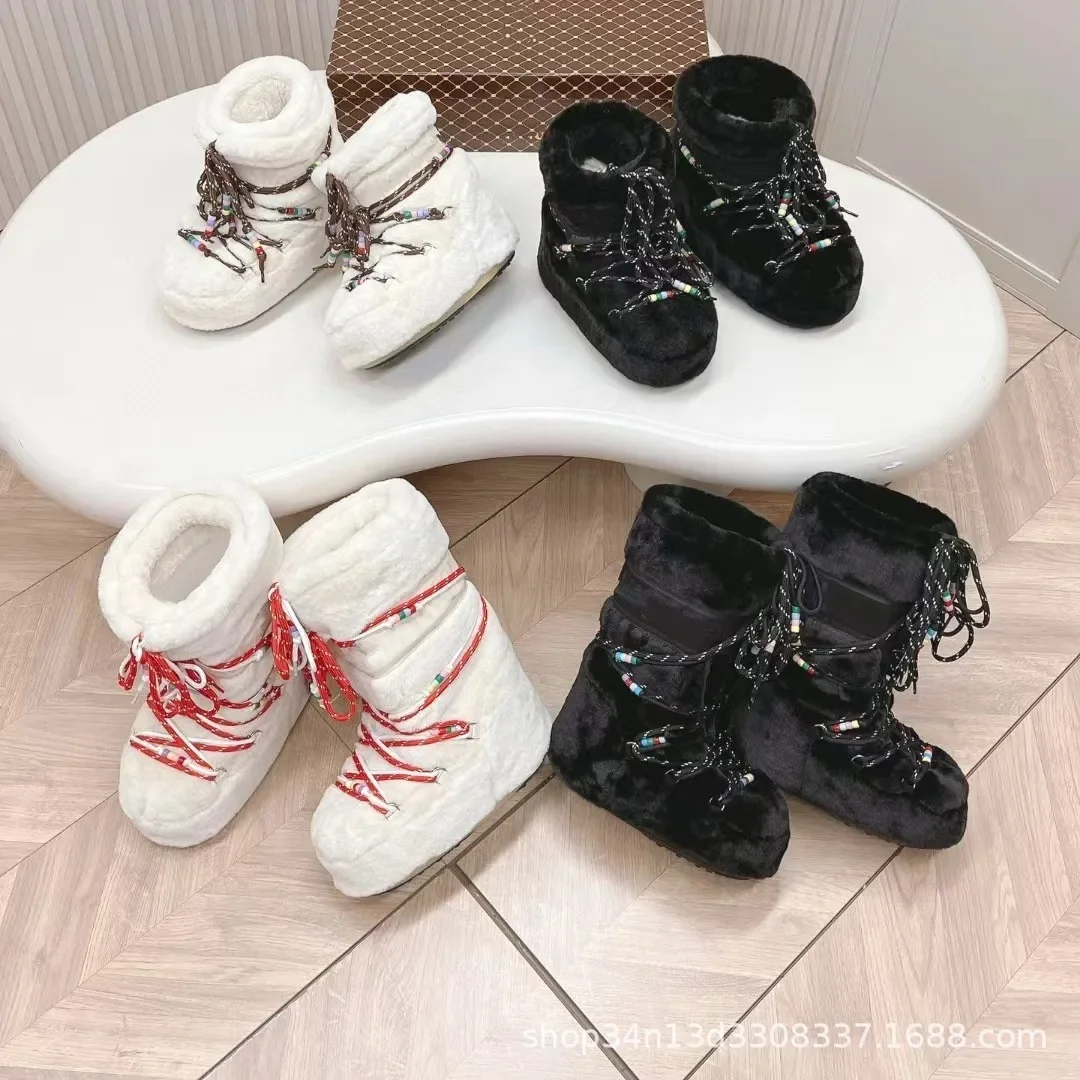 Fleece Moon Boots Trendy Youth Same Style Inner Heightened Anti-Slip Warm Thick Bottom Snow Boots Cute Women's Ugly Boots