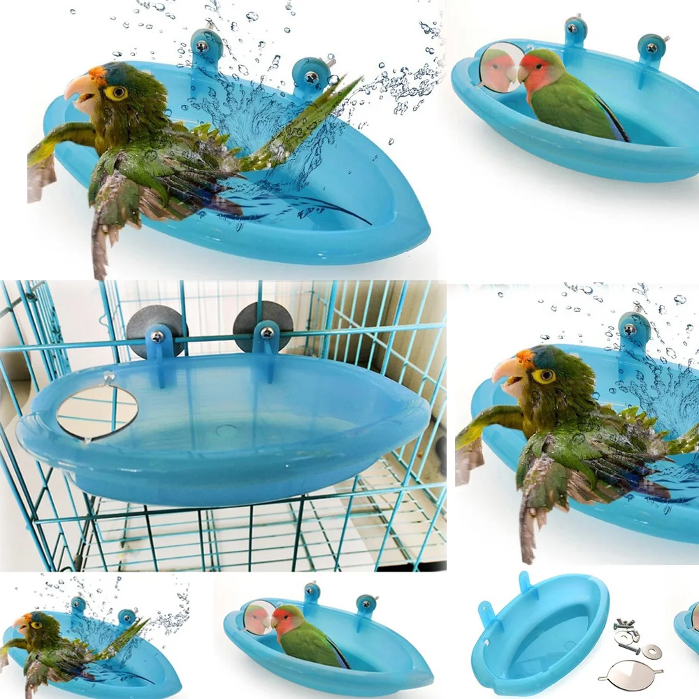 Bird Water Bath Tub For Pet Cage Hanging Bowl Parrot Parakeet Bird Bath+Mirror Birdbath Bird Cage Accessory