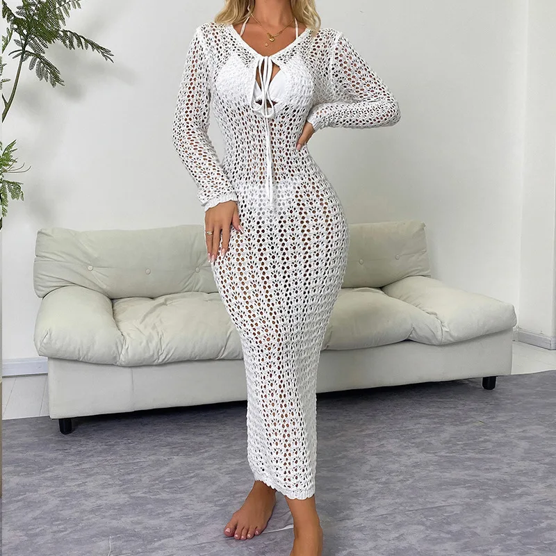 White See Through Hollow Out Maxi Dress for Women 2025 New Fashion Lace-up V Neck Long Sleeve Beach Holiday Sexy Long Dress
