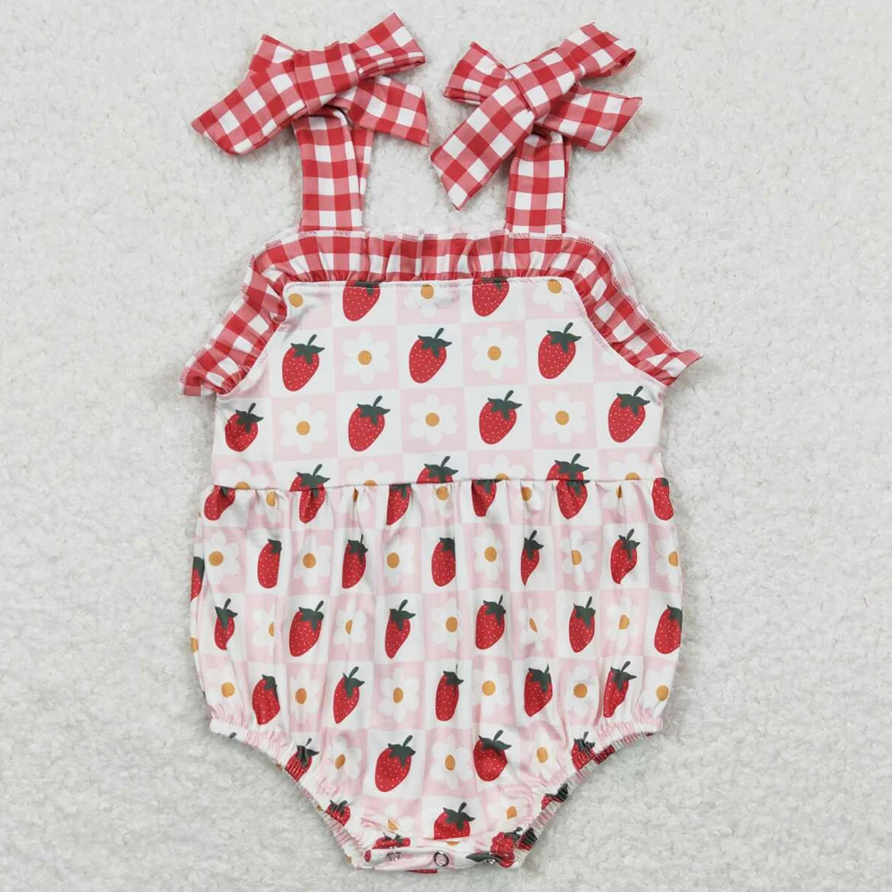 Hot Sale Baby Girls Rompers Strawberry Bows Sleeveless Rompers Boutique Infant Kids Girls Bubbles Baby Onesie Rompers Clothing