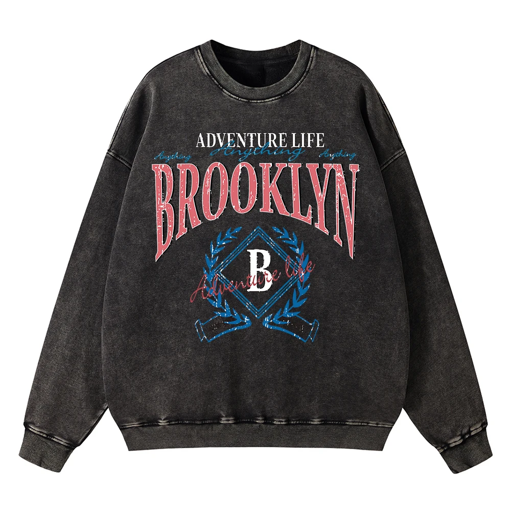 Vintage Distressed Washing Adventure Life Anything Brooklyn Hoody Men Cotton Warm Casual Fashion Hoodie Cotton Street Sweatshirt