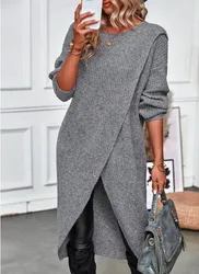 Women's Autumn Knitted Long Dress Solid Color Round Neck Pullover Long Sleeve Slim Temperament Commuting Irregular Dress Jacket