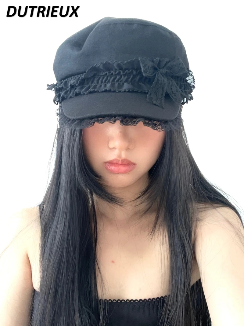 Lace Detachable Two-Strap High-Grade Hat Women's Casual All-Matching Navy Hats Retro Flat-Top Peaked Cap Fashion Black Berets