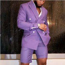 Latest Design Purple Men Suit Double Breasted Blazer Short Pants Style Groom Tuxedo Best Man Wedding Suits 2 Piece(Jacket+Pants)