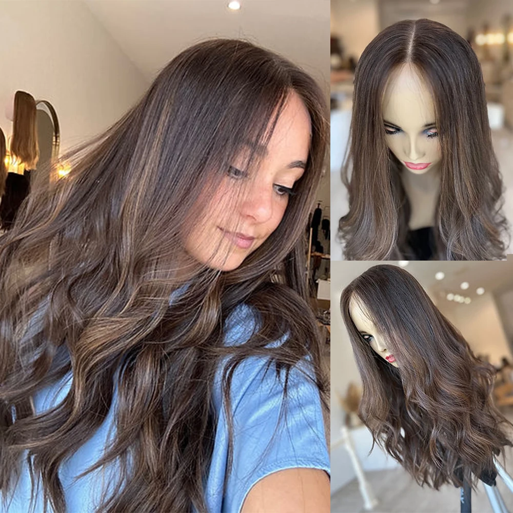 

Натуральный парик с медными блонд-оттенками и коричневыми прядями для женщин, с кружевной передней частью, из синтетического волокна Futura, с глубокими волнами, цвет брюнетт-коричневый