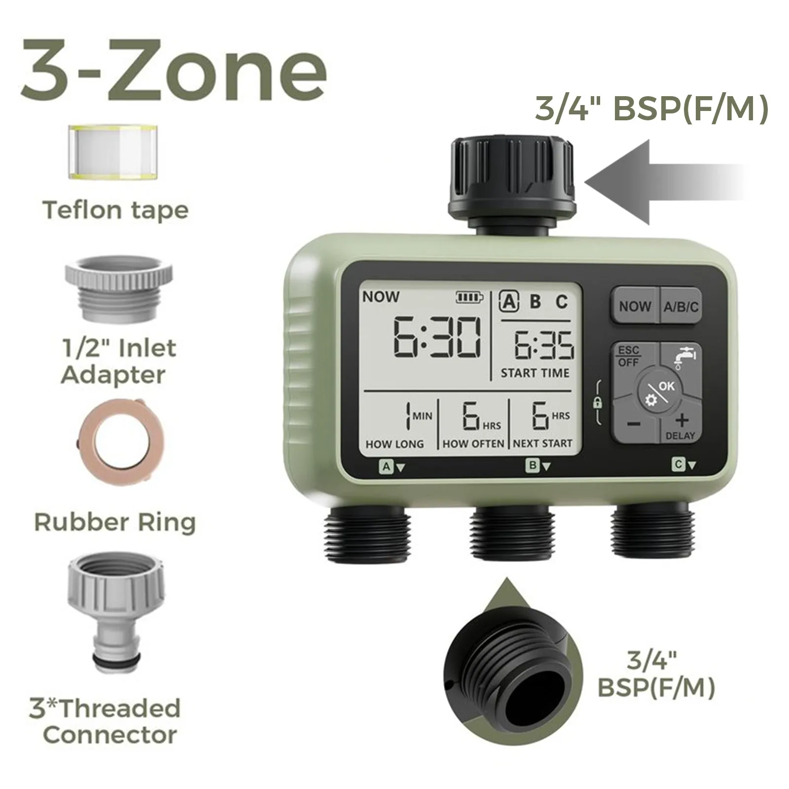 Diivoo Tuinwatertimer 3-zone programmeerbare automatische irrigatietimer met regenvertraging Handmatige/automatische modus Watering voor gazontuin