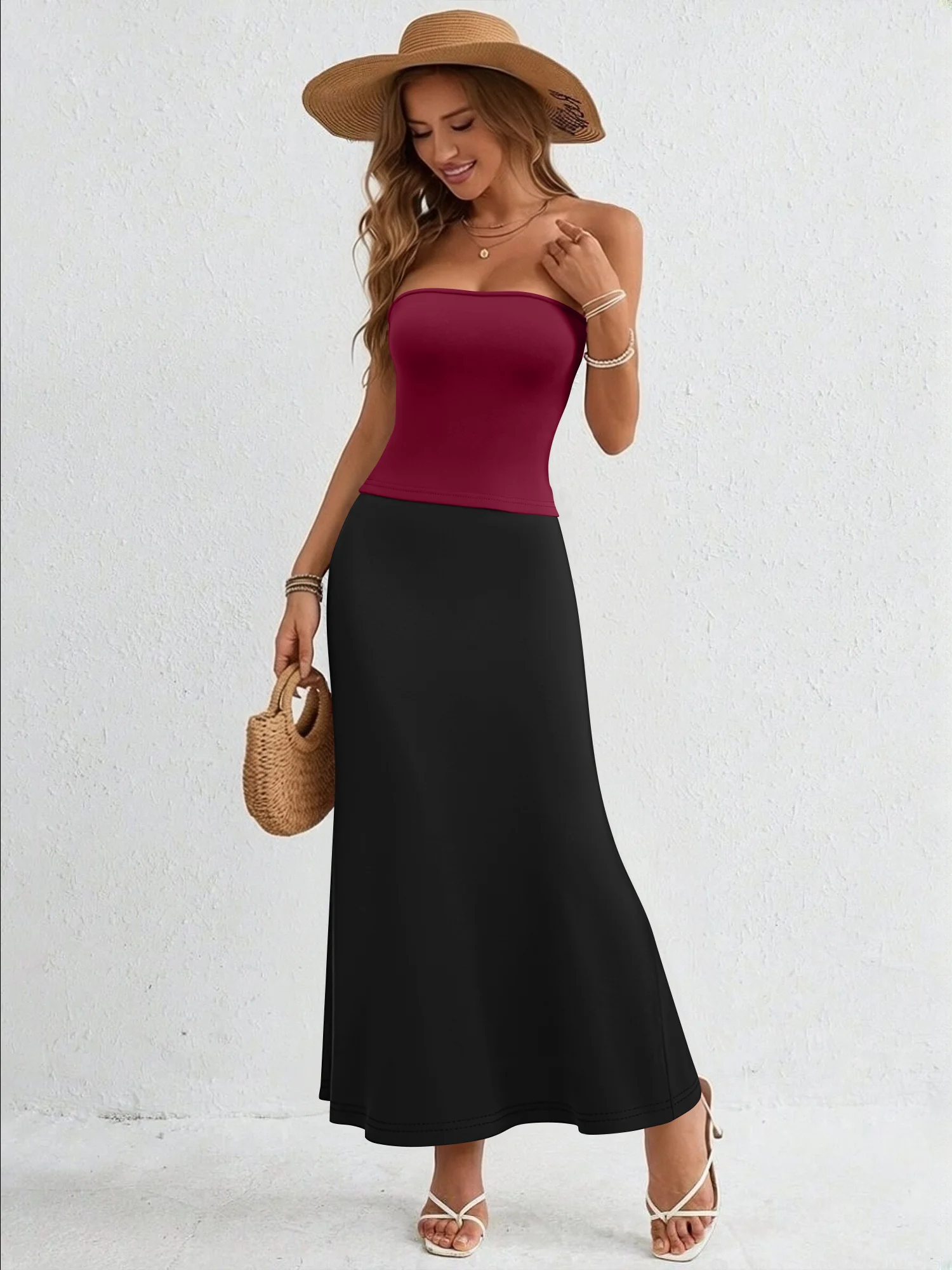 

Women's Elegant Party Outfit Solid Color Strapless Top Maxi Skirt Slim Fashion 2 Piece Soft Stretchy Fabric Comfortable Casual