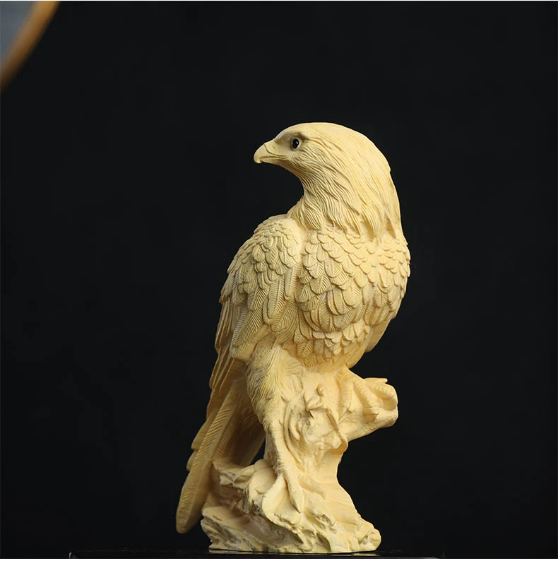 XS348- 14CM Tall Eagle Boxwood Sculpture Animal Wood Carving Statue Lucky Feng Shui Home Decor