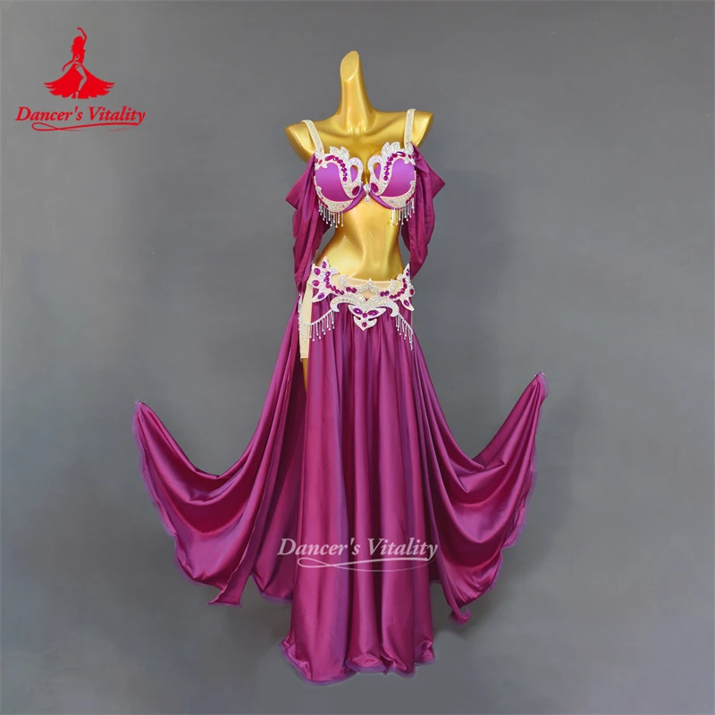 Belly Dance Performance Suit for Women Senior AB Stones Bra+satin Split Long Skirt 2pcs for Women Oriental Belly Dancing Outfit