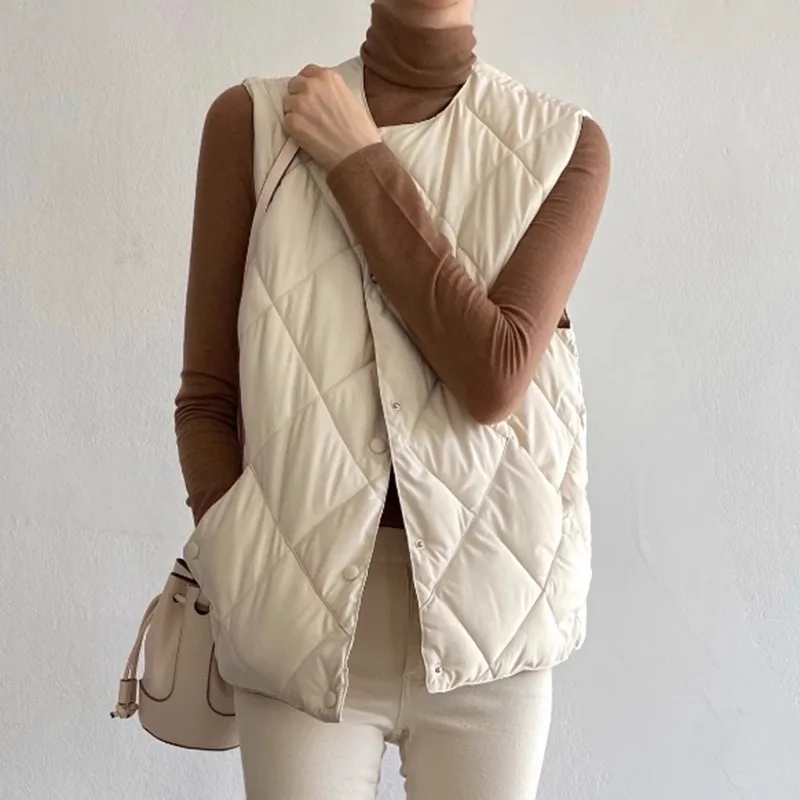 Chaleco Beige Simple para mujer, chaqueta versátil de algodón cálida con rejilla de diamantes holgada para otoño e invierno