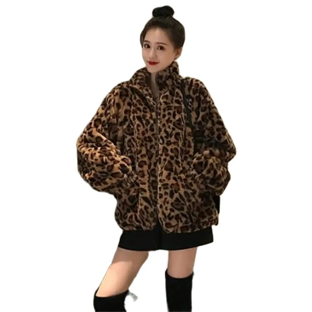 Chaqueta larga de felpa para mujer, abrigo holgado de lana de cordero, con estampado de leopardo, cálido, para invierno, nueva versión coreana, 2024