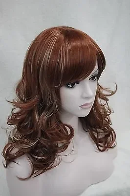 

Wholesale Beautiful red-auburn with blonde highlight curly women's long synthetic hair wigs