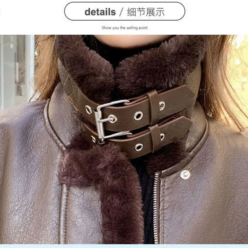 Abrigo de cuero grueso y cálido para mujer, chaquetas de piel de cordero nuevas de invierno, abrigo de cuero PU con cuello levantado holgado coreano, Top informal para motocicleta para mujer