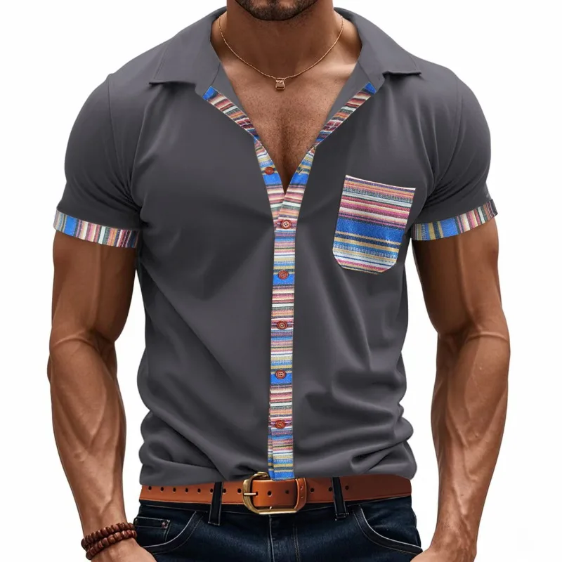 2025 Summer Men's Loose Casual Short Sleeve Shirt Breathable Stretch Color Block Comfort Top