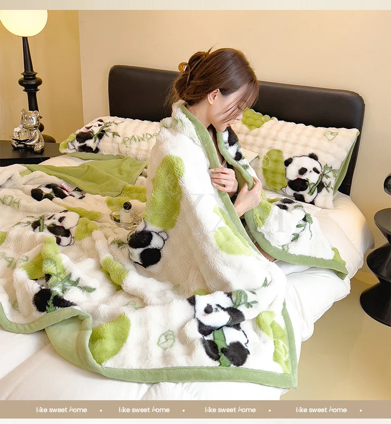 Cute Giant Panda Fluffy Fleece Blanket Fall Winter Thick Warm Faux Rabbit Fur Bed Blanket Plush Sofa Throw Cover Soft Bedspread