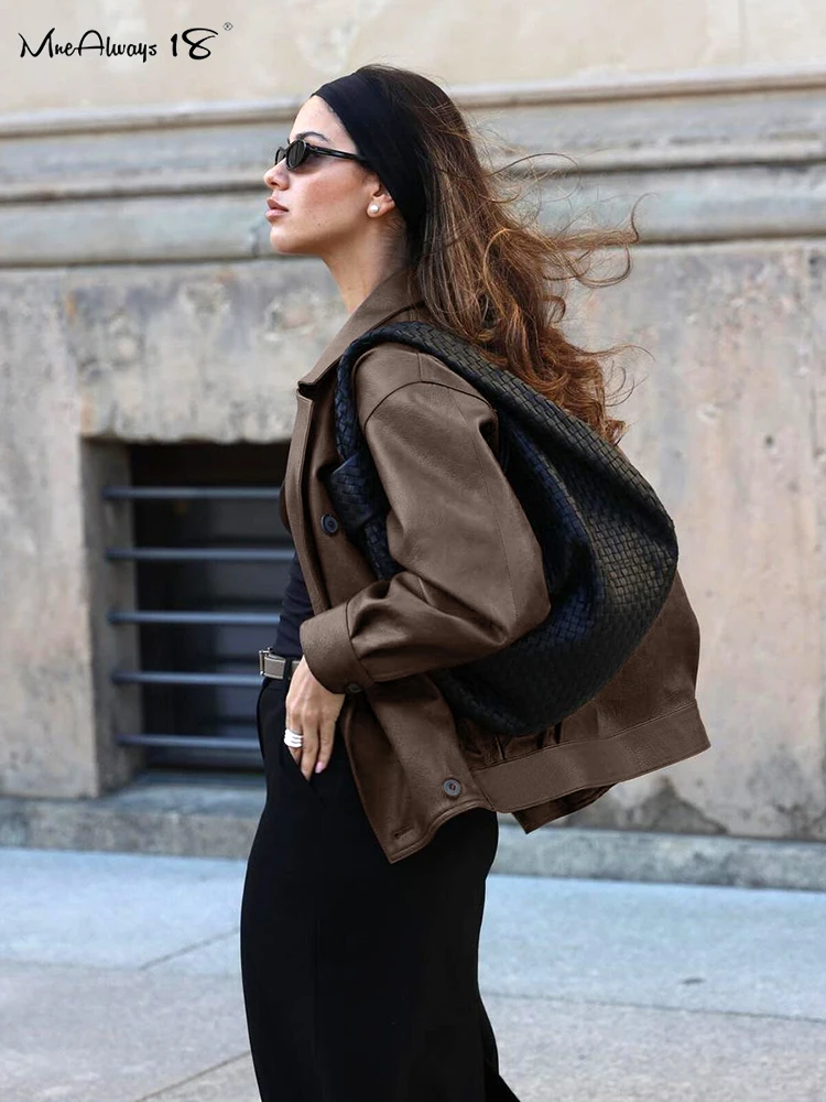 Mnealways18 Vintage Brown Faux Leather Jackets Women Notched Oversize Double-Breasted Business Coats Autumn Winter 2024 Office