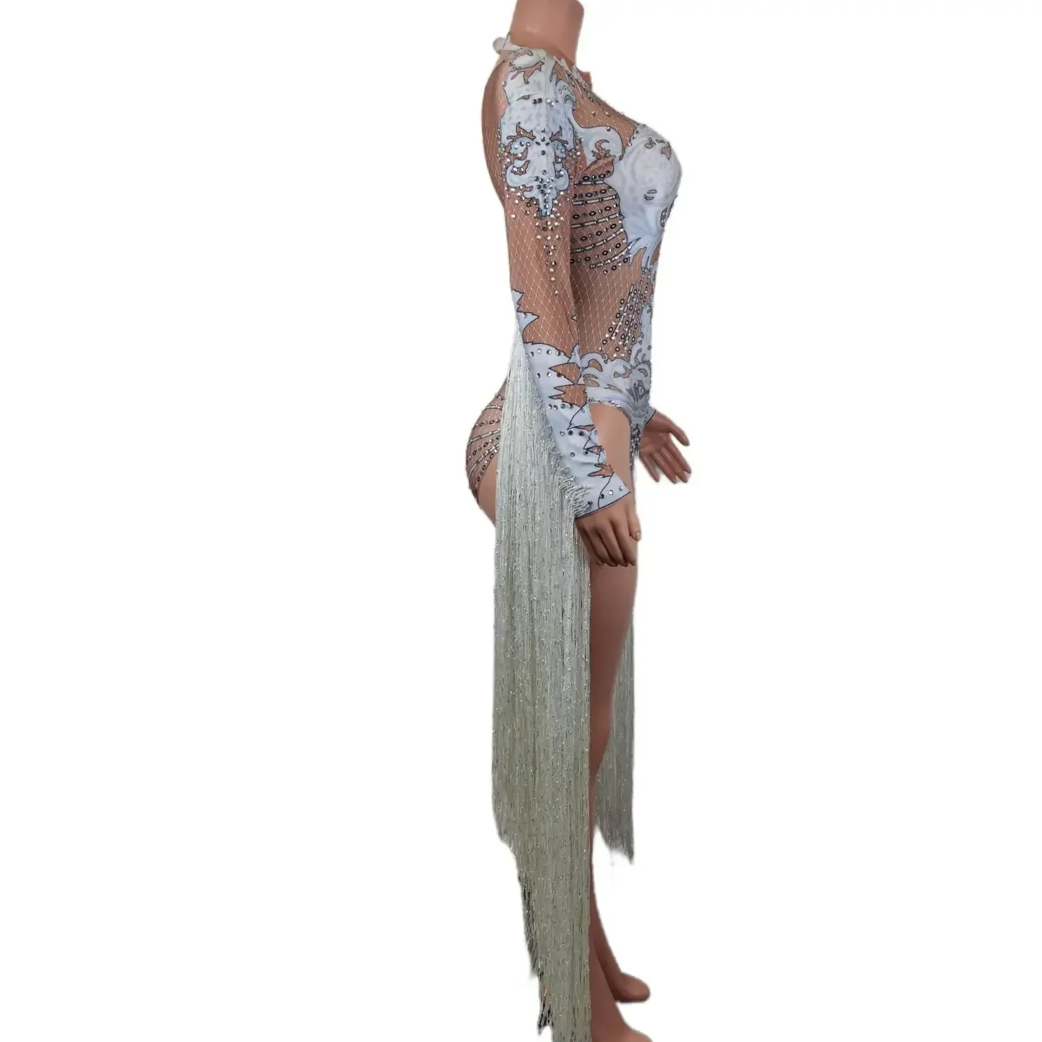 Sexy White Tassel Diamond Tight Fitting Jumpsuit Birthday Party Performance Costume Women Fashion Pattern Evening Dance Outfits