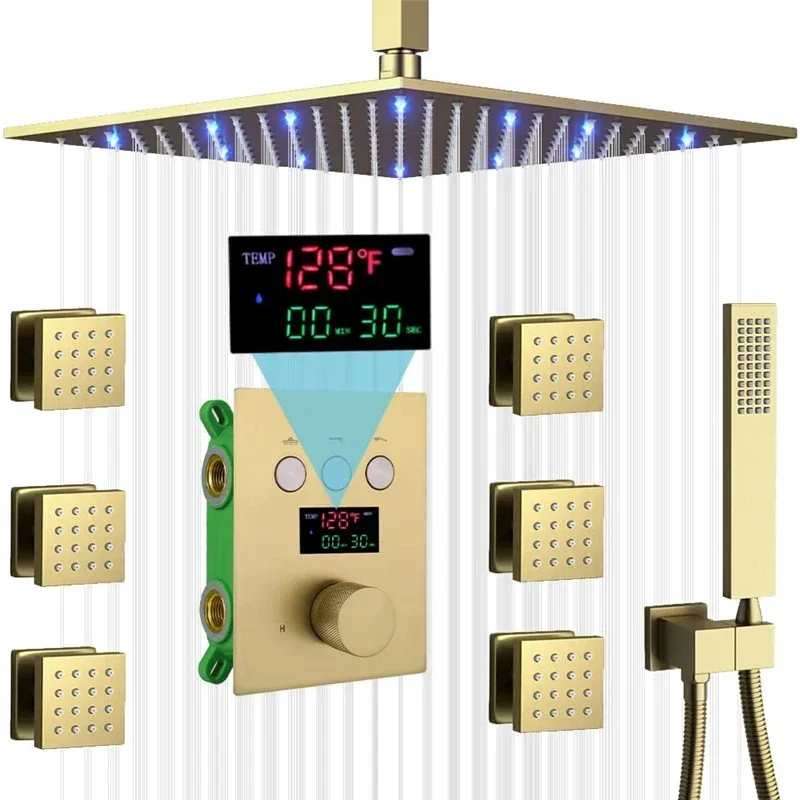 Brushed Gold Ceiling Mount 12 Inch LED Rain Shower head System Bathroom Temperature Display Thermostatic Shower Faucet Set