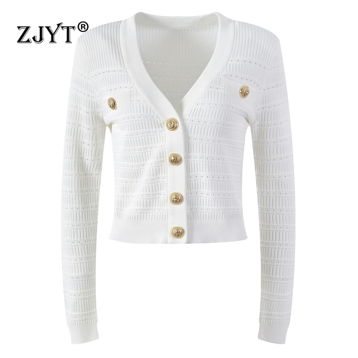 

ZJYT Women's Single Breasted Cardigan Sweaters Long Sleeve Knitting Tops White Female Europe Fashion Knitwears Jersey Mujer 2024