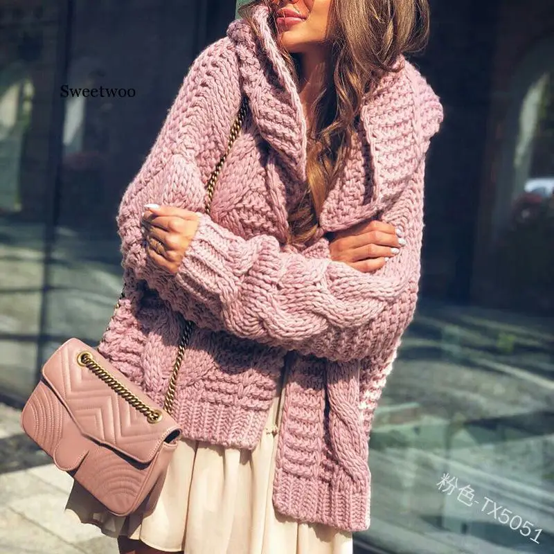 

Women Long Cardigan Solid Hooded Cardigans Sweater Autumn Spring Female Keep Warm Lantern Sleeve Loose Wool Knitted Coat