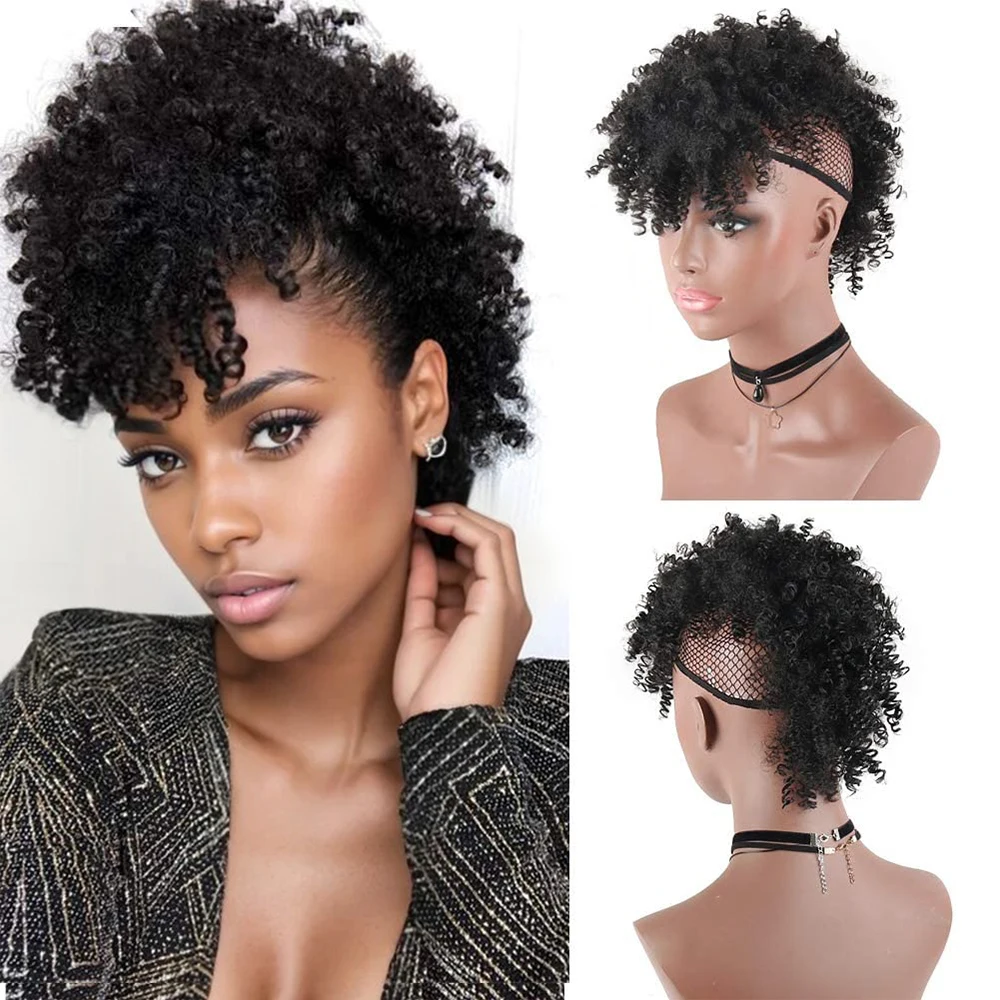 Syntetyczny bufiasty kucyk Afro z grzywką krótki perwersyjny kręcony kucyk rozszerzenie irokez kucyk Wrap Updo doczepiane włosy