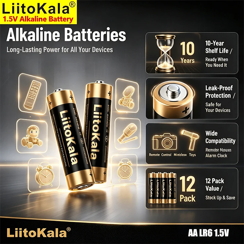 LiitoKala 4-12Pack AA LR6 1.5V Alkaline Battery,Leak‑Proof Protection 10 Years Shelf Life for Toys Flashlight Remote Mouse Home