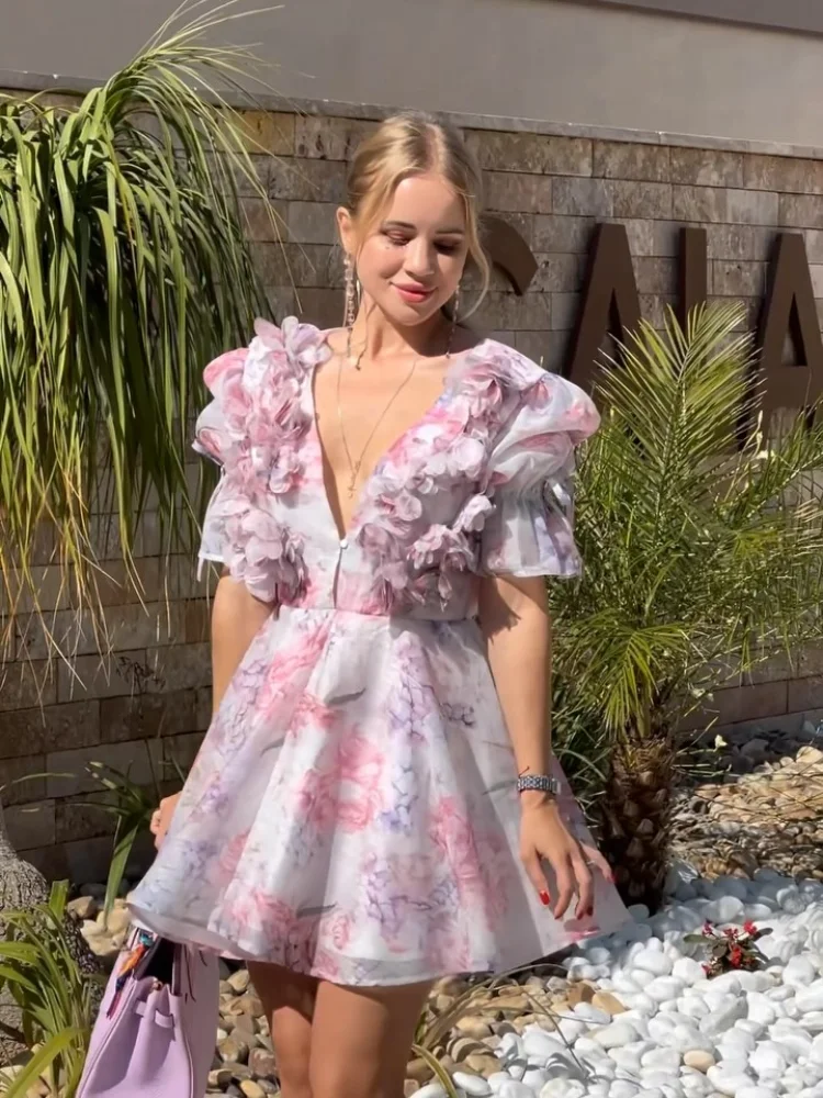 

Chic V Neck Printed Flare Sleeve Mini Dress Elegant Pleated Hollow Out A-line Gown New Female Holiday Dinner Party Vestido 2025