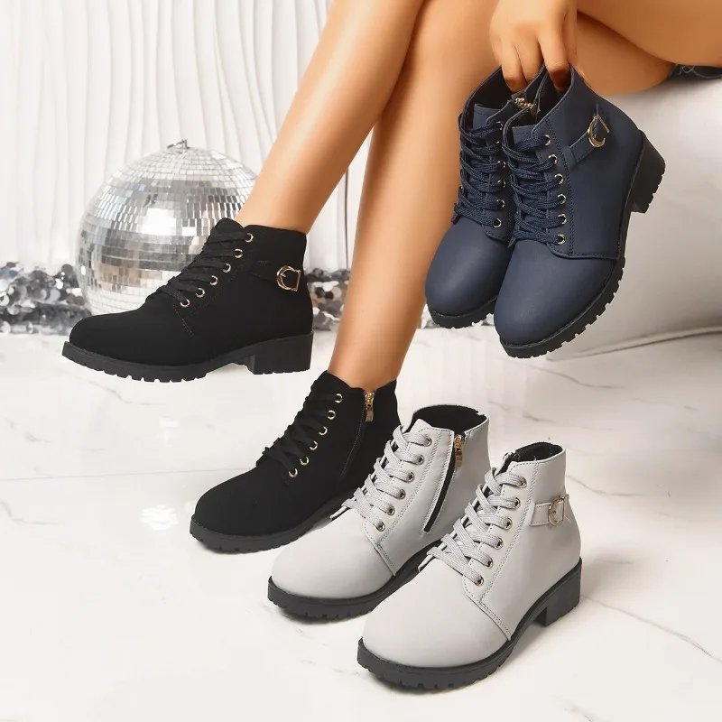 Women's Round Toe Lace Up Metal Buckle Ankle Boots 2026 Fashion Solid Side Zipper Block Heel Comfortable Daily Casual Women Shoe