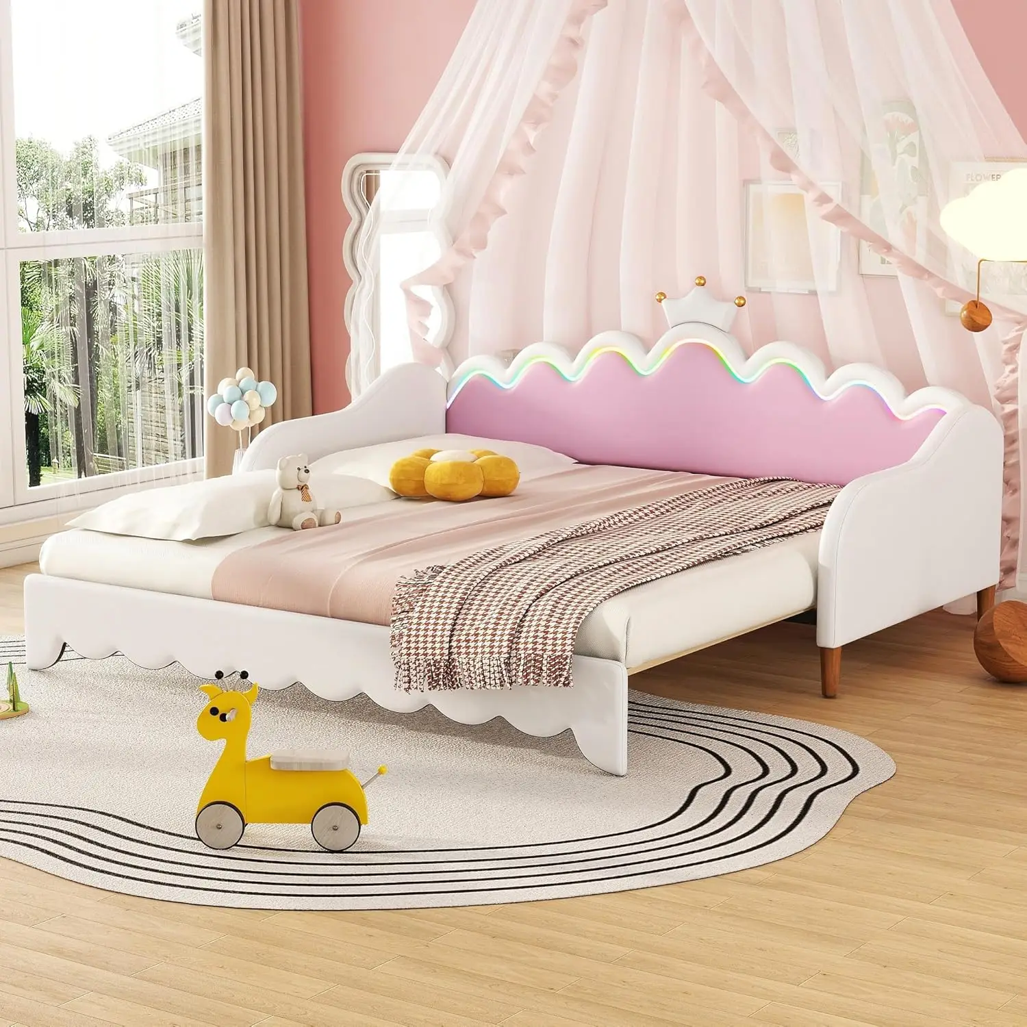 

Merax Cute Princess Daybed With Crown Headboard And Light Strips, Twin Size Upholstered Day Bed Frame, Space-Saving Extending