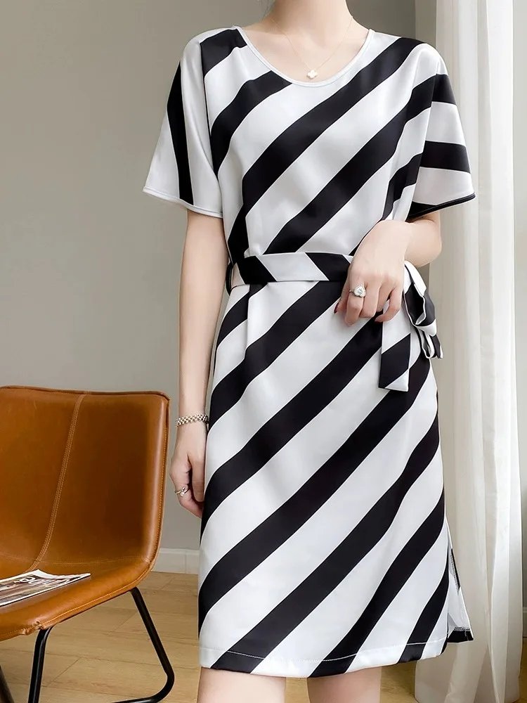 Ele acetato cetim longo Dr feminino verão casual solto listrado cintura com cinto linha A Dr coreano Sle redondo Ne ort Sl...