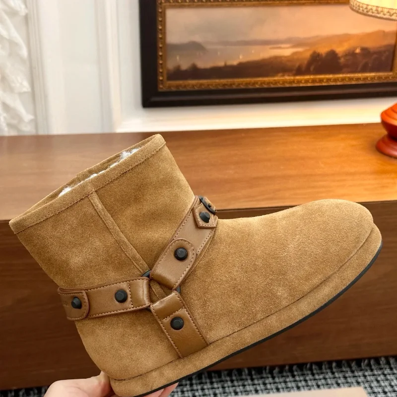 

Женские ботильоны с пряжкой на ремне, модные матовые непромокаемые зимние ботинки на плоской подошве с круглым носком в стиле ретро, теплая хлопковая обувь из толстой шерсти