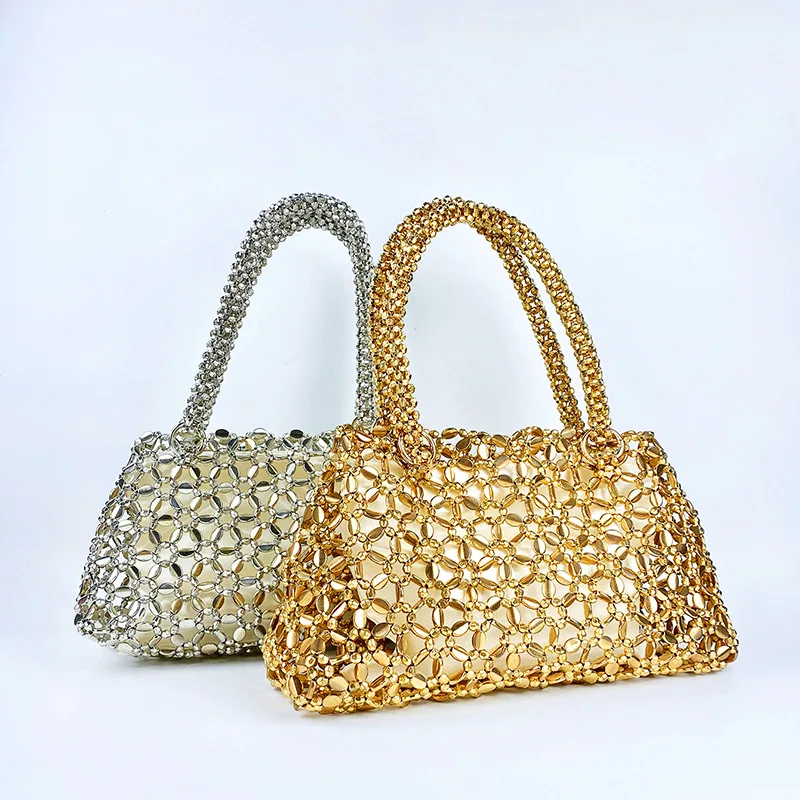 

Korean version personalized woven hollowed out high aesthetic ceiling versatile handbag shiny handmade pearl tote underarm bag