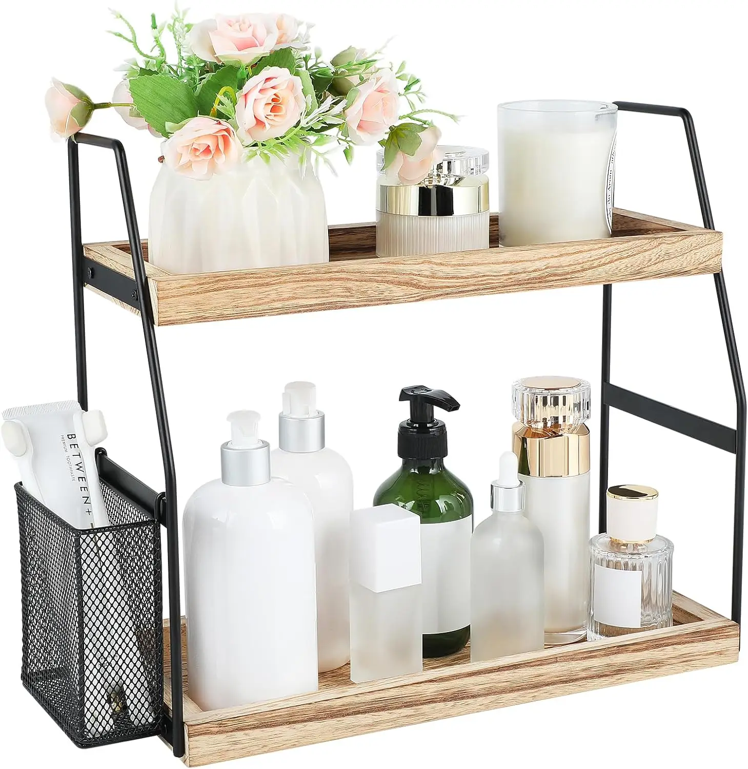 Organizador de Baño de Madera de 2 Niveles con Cesta, Estante de Almacenamiento para Cosméticos