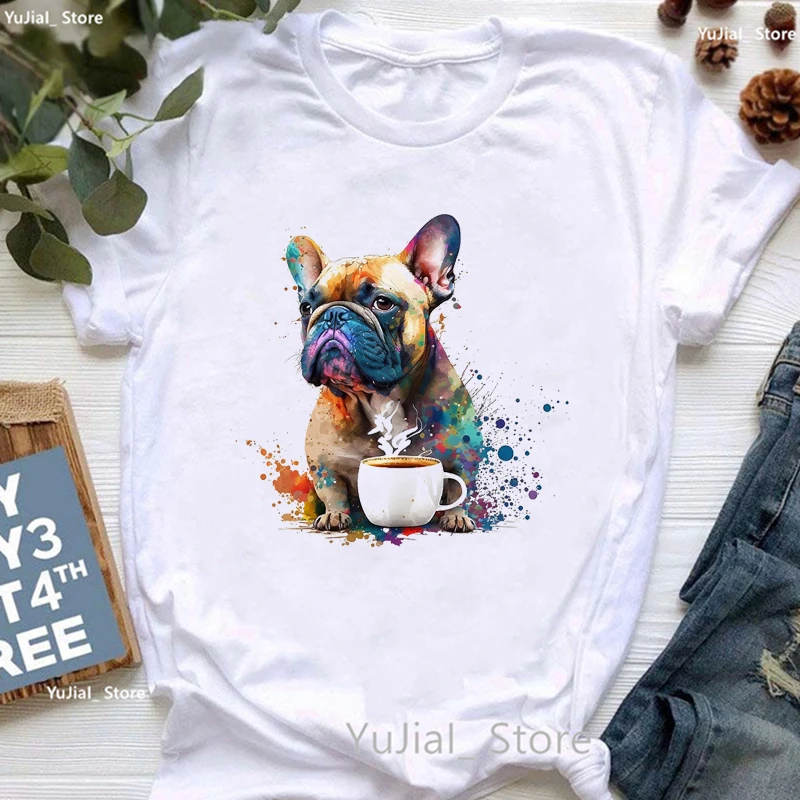 Camiseta con estampado de Bulldog Francés para mujer, camisa blanca divertida para chica, camiseta Harajuku Kawaii para amante de los perros