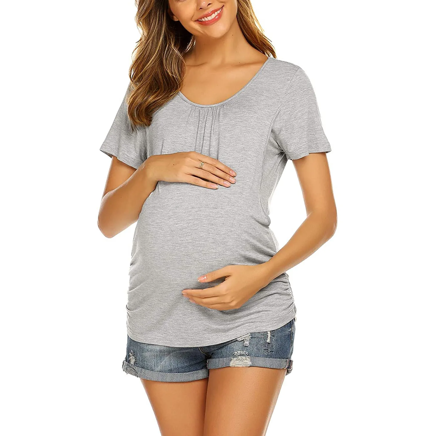 New Fashion Maternity Casual Wear Maternity Short Sleeve Solid Color Breastfeeding Top T-Shirt Breastfeeding Nursing Wear