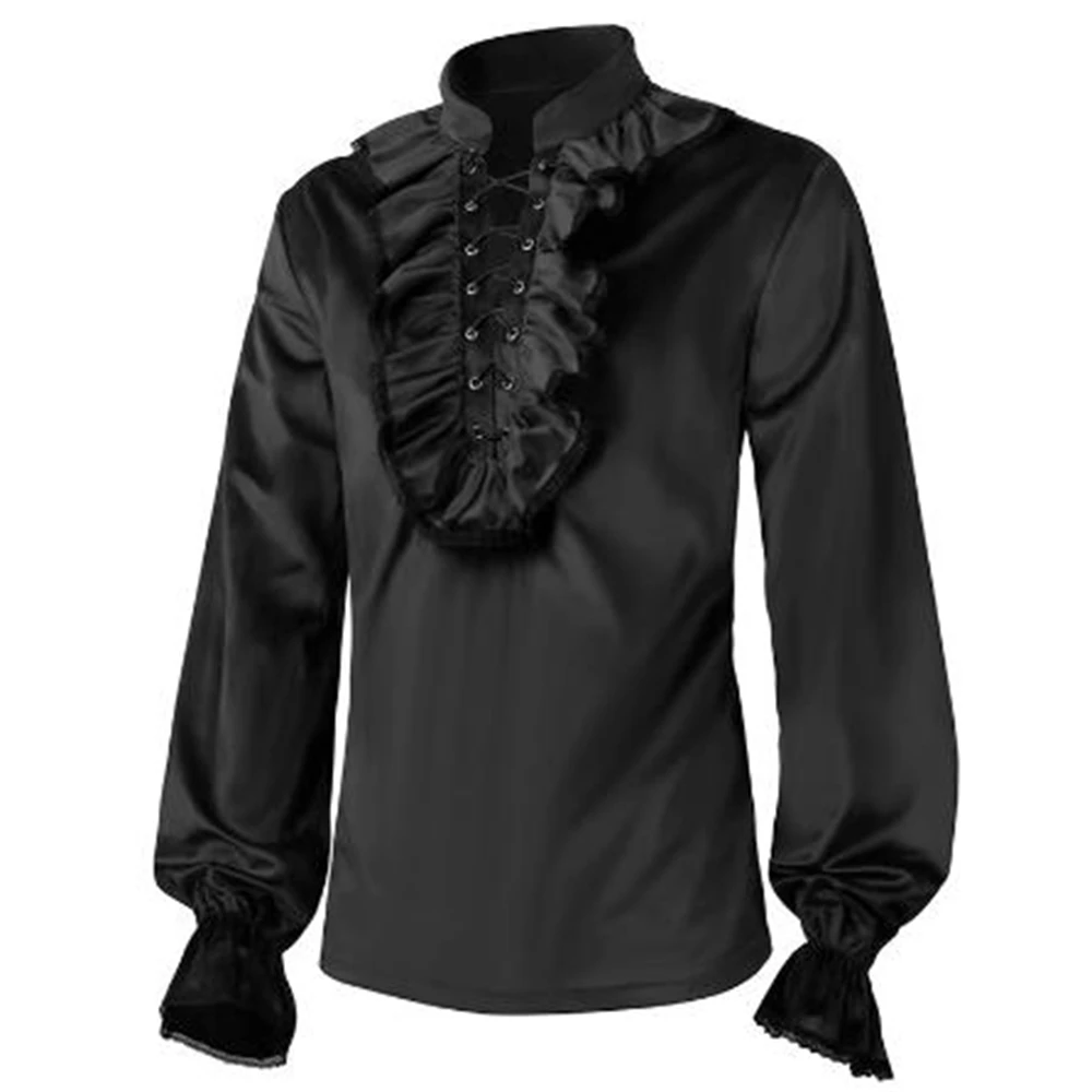 Vintage Men\'s Velvet Ruffle Shirts Medieval Victorian Blouse Long Sleeve Wine Red Lace Trim Steampunk Vampire Halloween Costume