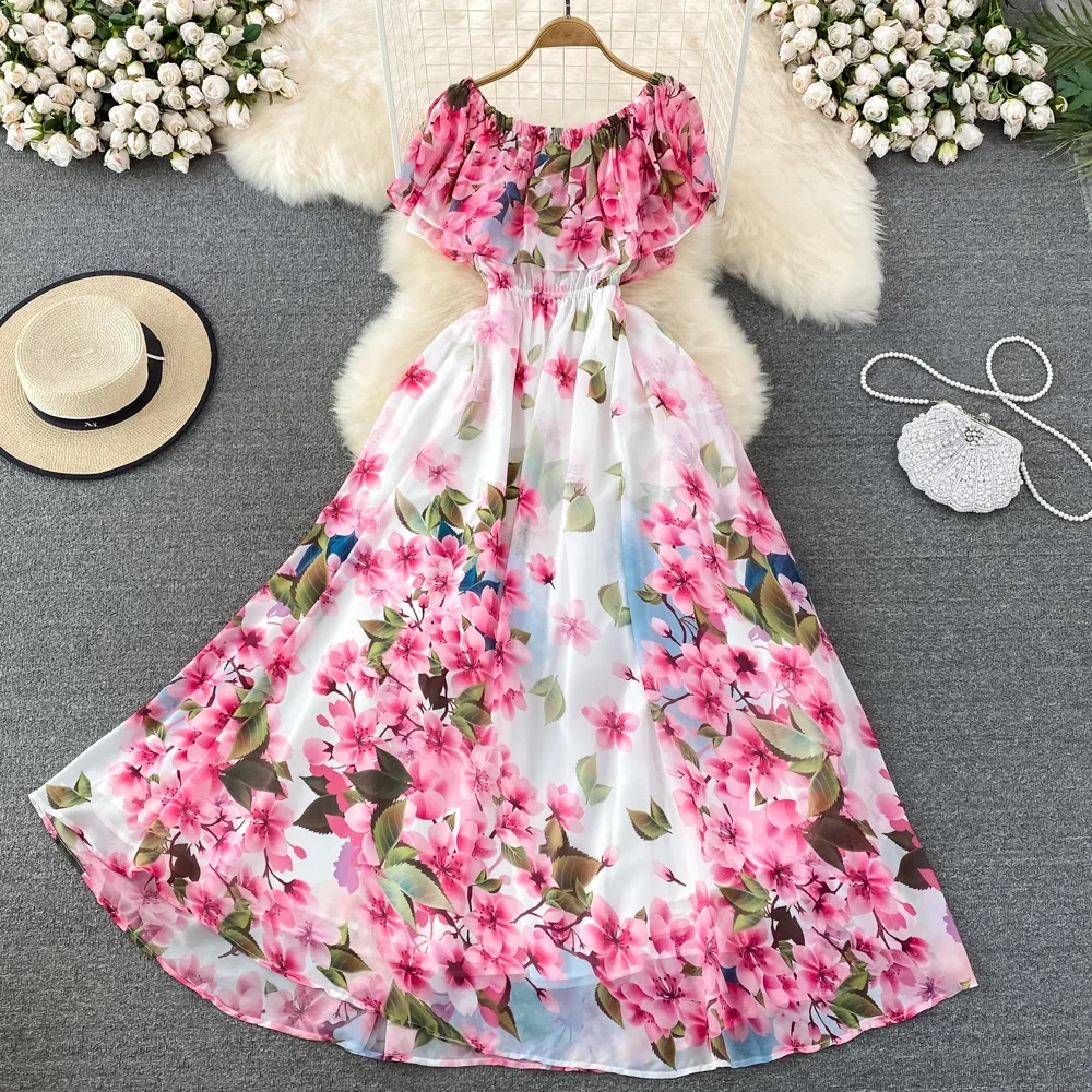 

Summer 2025 New Bohe Woman Dress Chic Ruffle Edge Flowers Long robe female High Waist Super Fairy Big Swing vestido Mujer